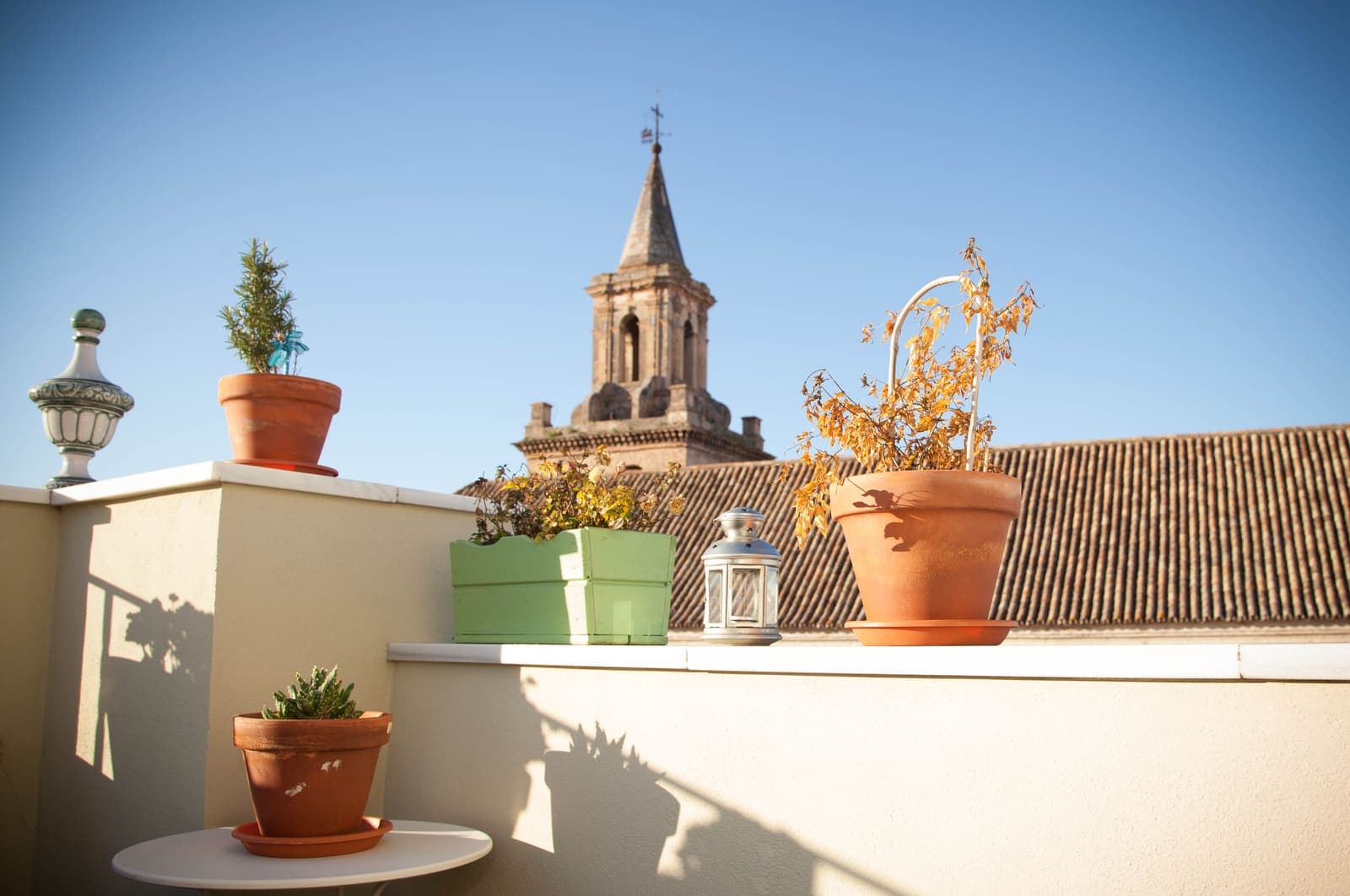 Terraza de un ático con macetas y una espadaña al fondo